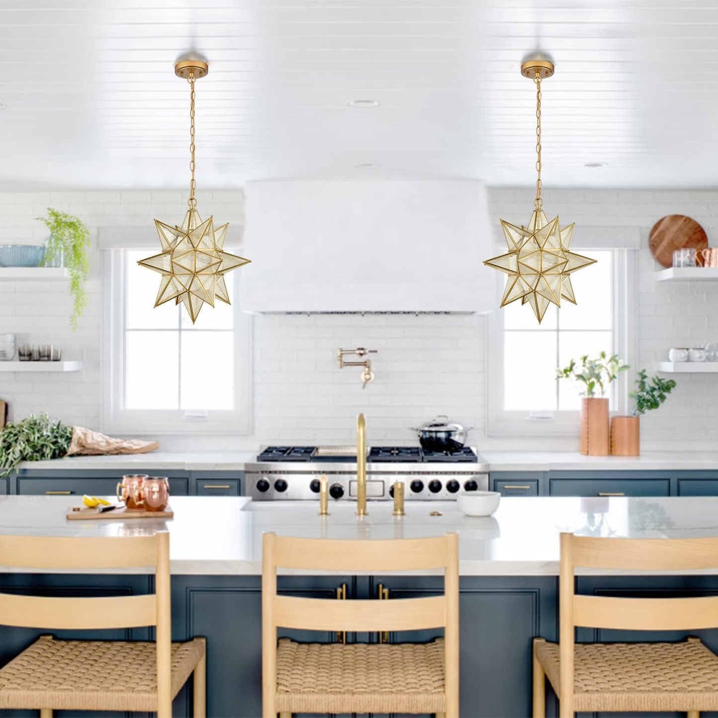 DIRYZON Moravian Star Pendant Light 20-Inch Large Hanging Ceiling Light Modern Gold Finish with Seeded Glass Adjustable Chain