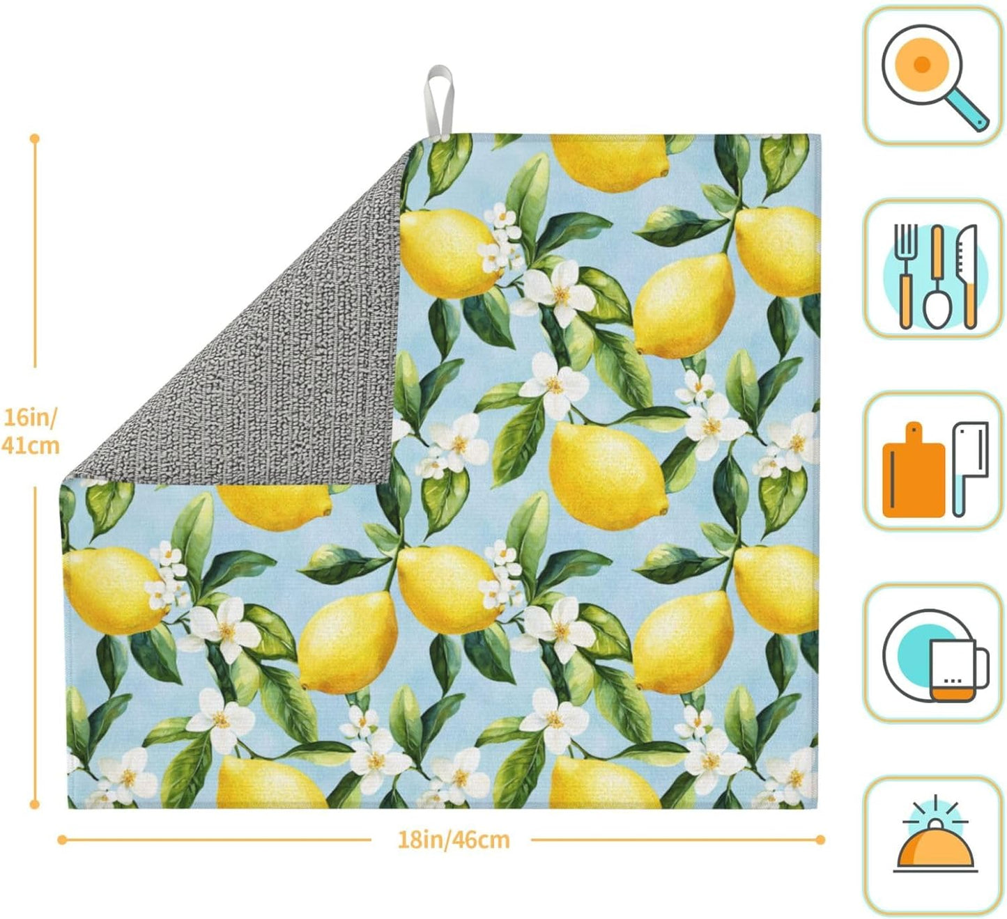 Dish Drying Mat for Kitchen Lemon Watercolor Flower Counter Absorbent Dishes Drainer Microfiber Small 16x18 Inch