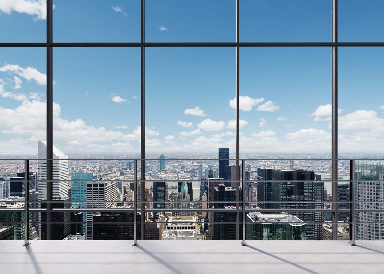 Lywygg 7X5Ft Office Room Backdrop City Vinyl Backdrops Business Street View Skyscraper French Sash Blue Sky White Cloud Sunshine