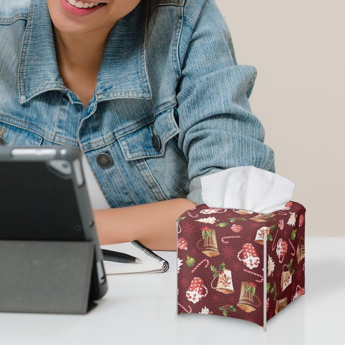 Christmas Tissue Box Cover Waterproof Square PU Leather Facial Tissue Box Holder for Dresser Bathroom Decor Xmas Home Decor for Living Room Bedroom