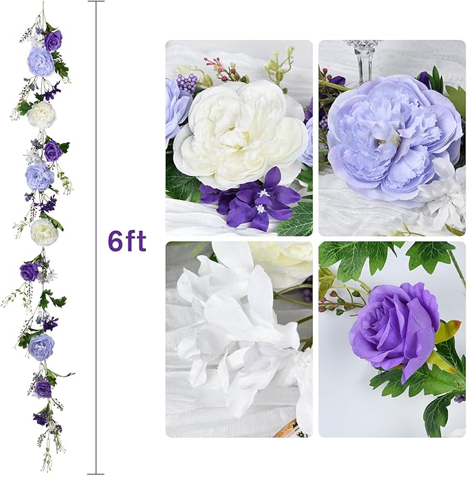 DearHouse Artificial Peony Flower Garland - 6ft Silk Peony Garland with White Purple Flowers for Wedding Party Table Decoration