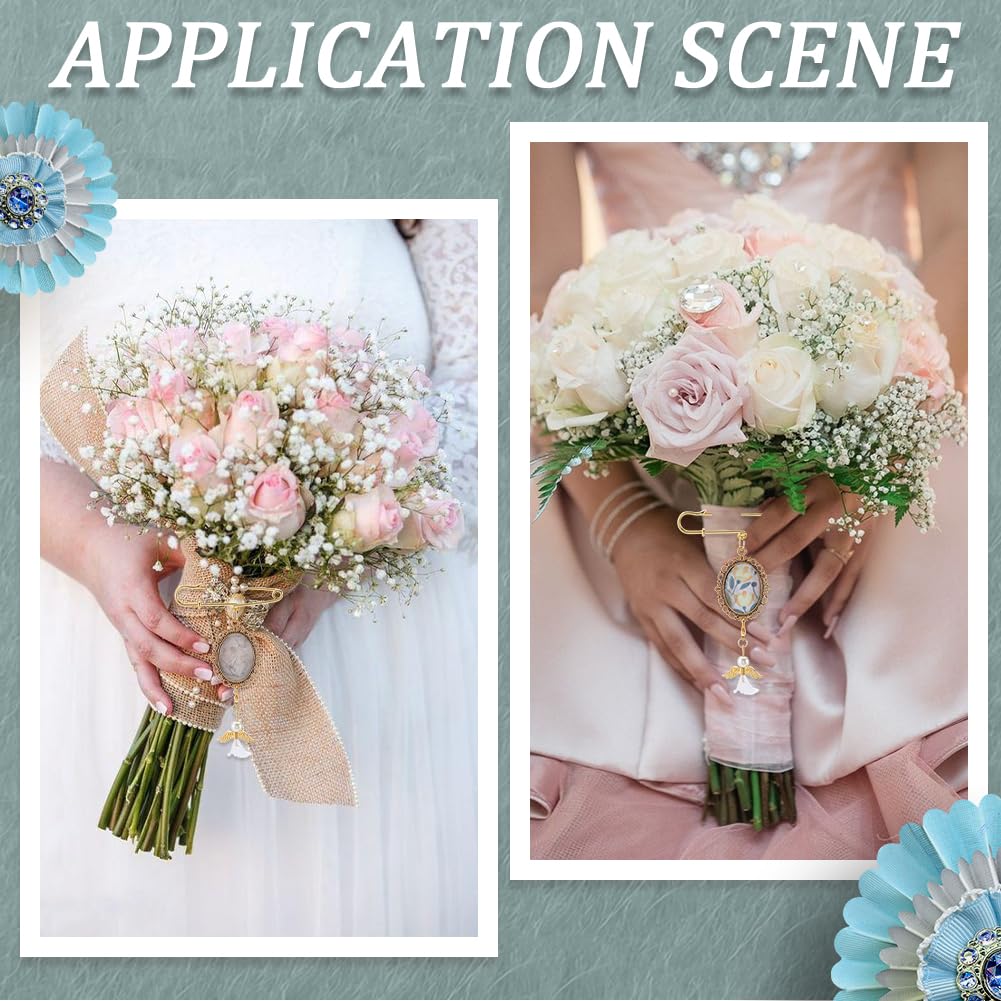 SUNNYCLUE 1 Box 10 Sets Gold Wedding Bouquet Photo Charms Memorial Picture Charm Personalized Glass Oval Picture Cabochons Brooch Pin Angel Wing Charms Kits for Wedding Bride Groom Party Gifts Flowers