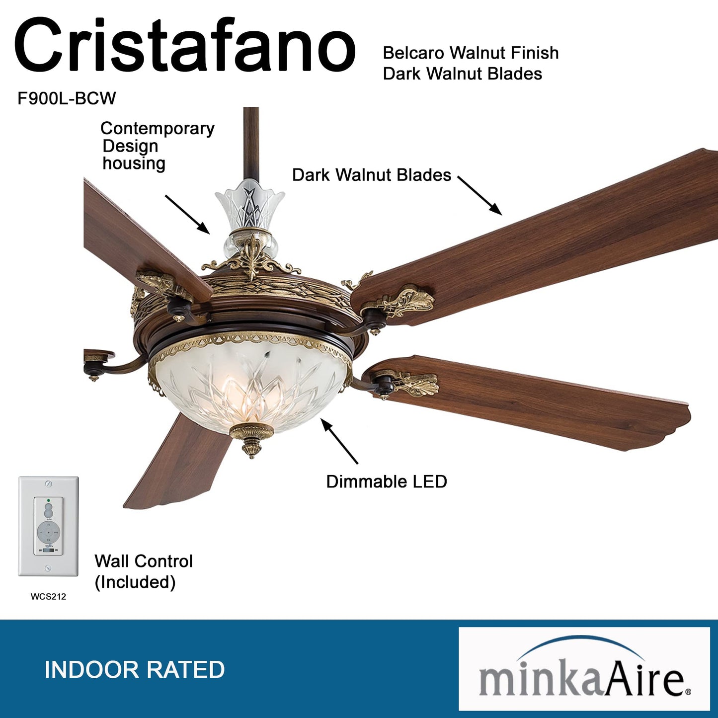 Minka Aire F900L-Bcw Cristafano 68 Ceiling Fan With Led Lights, Belcaro Walnut