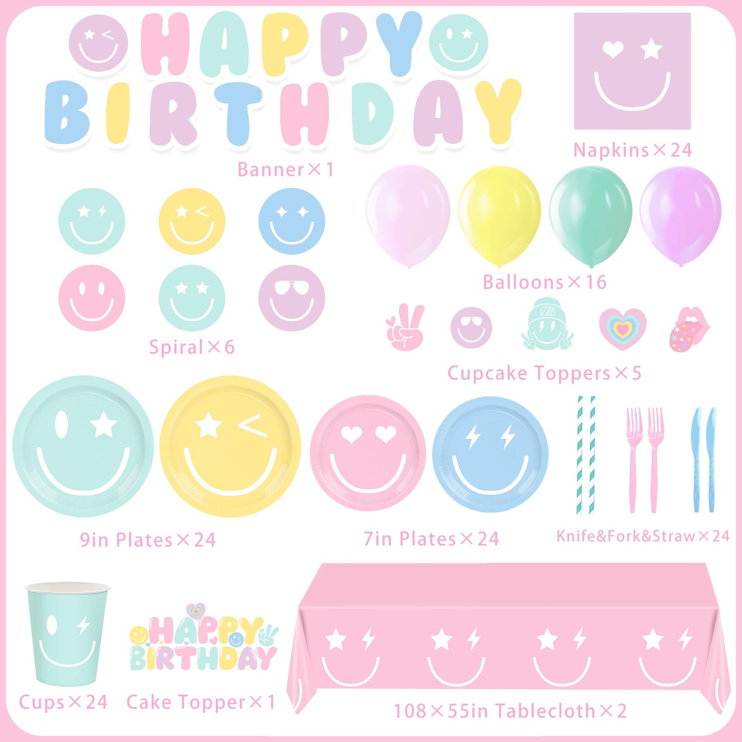 199PCS Smiley Face Birthday Decorations Smile Pastel Themed Preppy Theme Plates and Napkins Set,Balloon, Banner,Tablecloth, Hanging,Cupcake Topper,Smiley Pastel Birthday Party Supplies Serve 24 Guests