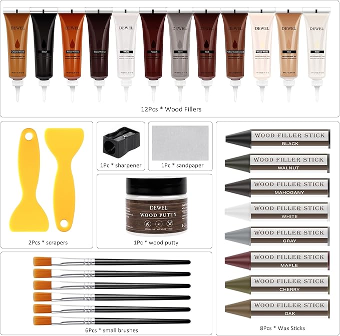 DEWEL Wood Furniture Repair Kit, 31 Pcs Scratch Repair Wood Filler, Wax Sticks with Wood Putty for Wood Floors, Scratches, Cracks, Hole, Laminate, Table, Bedposts