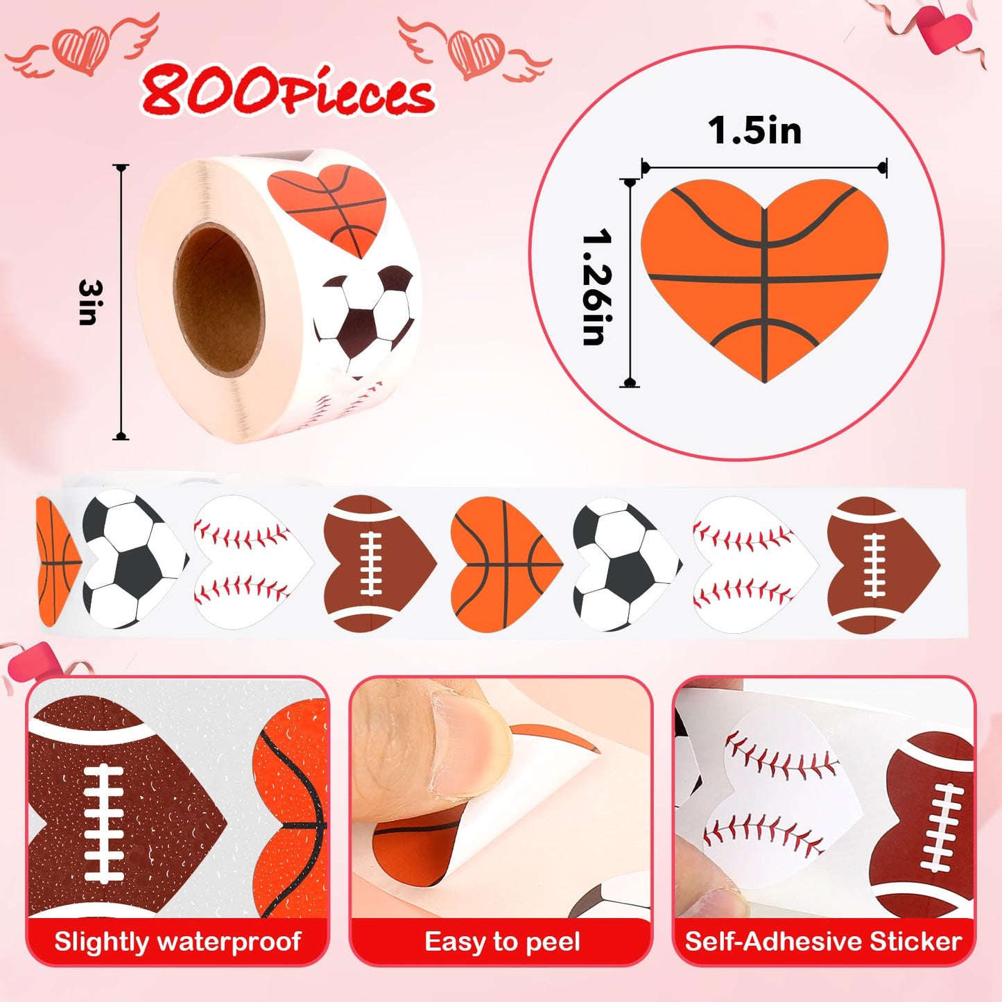 Dripykiaa 800Pcs Valentines Heart Stickers for Kids Valentines Day Gifts for Kids, Valentines Cards with Sport Heart Shape Stickers for Boys Girls Teens, 100th Day of Shirt Project