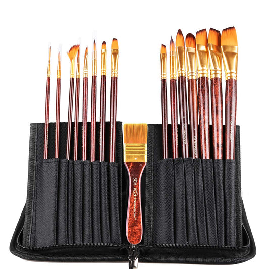 Transon 16pcs Professional Long Artist Paint Brush Set with Brush Case Assorted for Acrylic Watercolor Gouache Oil Tempera and Body Painting