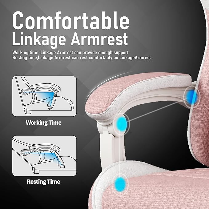 Gaming Chair, Fabric Computer Chairs with Lumbar Support and Massager, Ergonomic Office Chair with Footrest & Pocket Spring Cushion, Bearing 400 LBS（Pink）