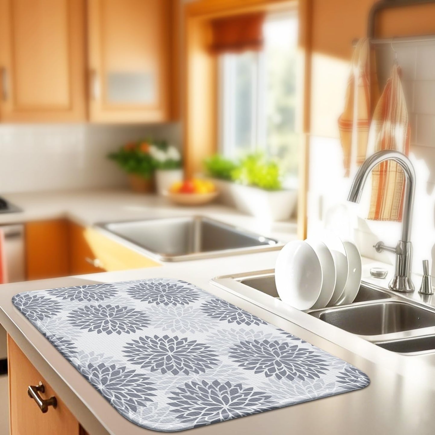 Boho Floral Spring Small Dish Drying Mat for Kitchen Counter 16''x18''Microfiber Absorbent - Foldable, Quick-Dry, Non-Slip, Compact Kitchen Drying Pad for Dishes, Countertops, and Cookware