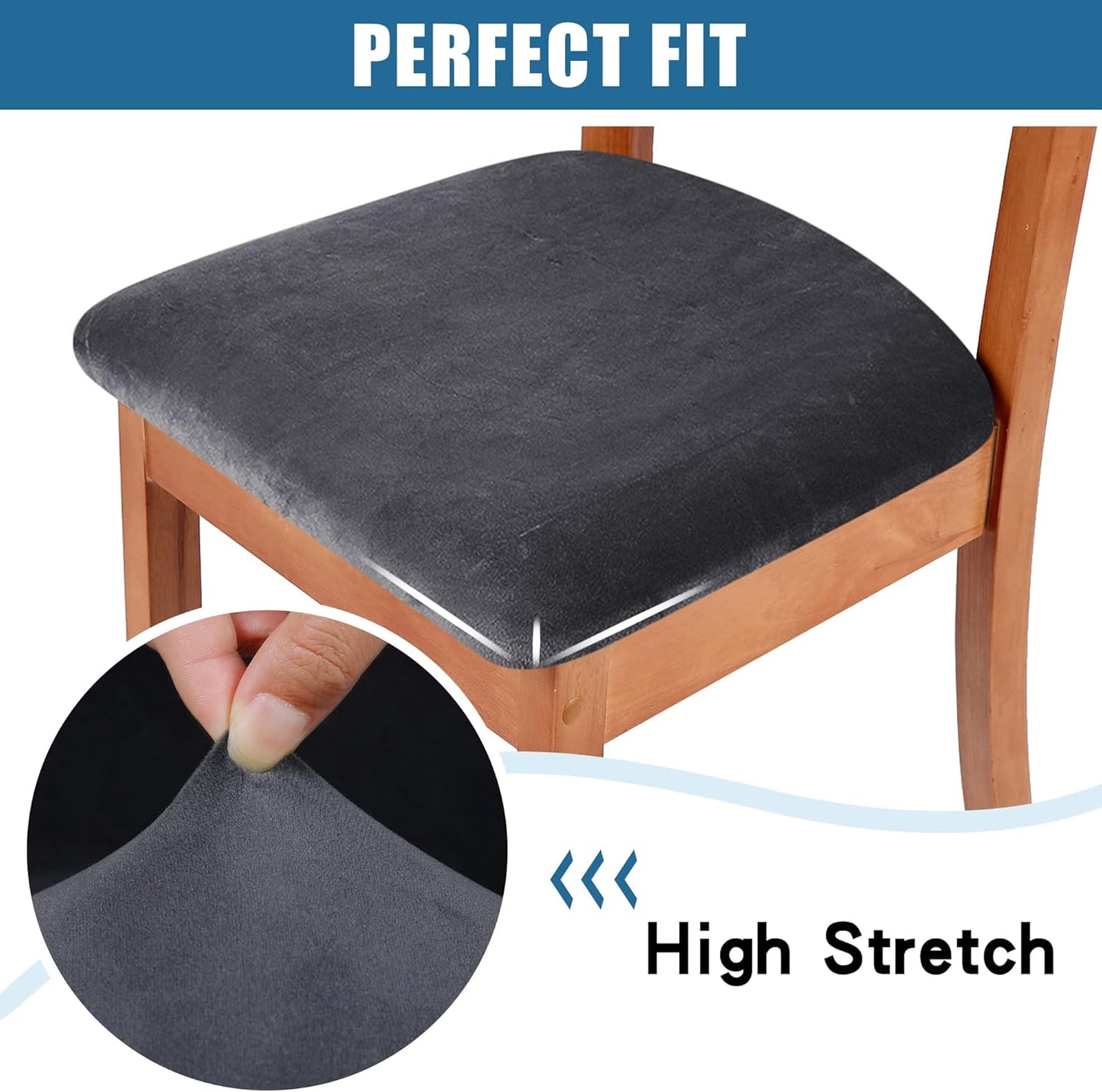 Smiry Velvet Seat Covers for Dining Room Chair Set of 6, Stretch Fit Removable Washable Chair Seat Cushion Protector Slipcovers with Ties, Dark Grey