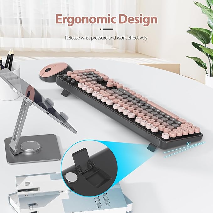 Wireless Keyboard and Mouse Set, Retro Typewriter, 2.4GHz Full Size 104-Key Cute Keyboard with Number Pad, Colorful Keyboard with Round Keycaps for Windows PC Laptop(Raspberry)