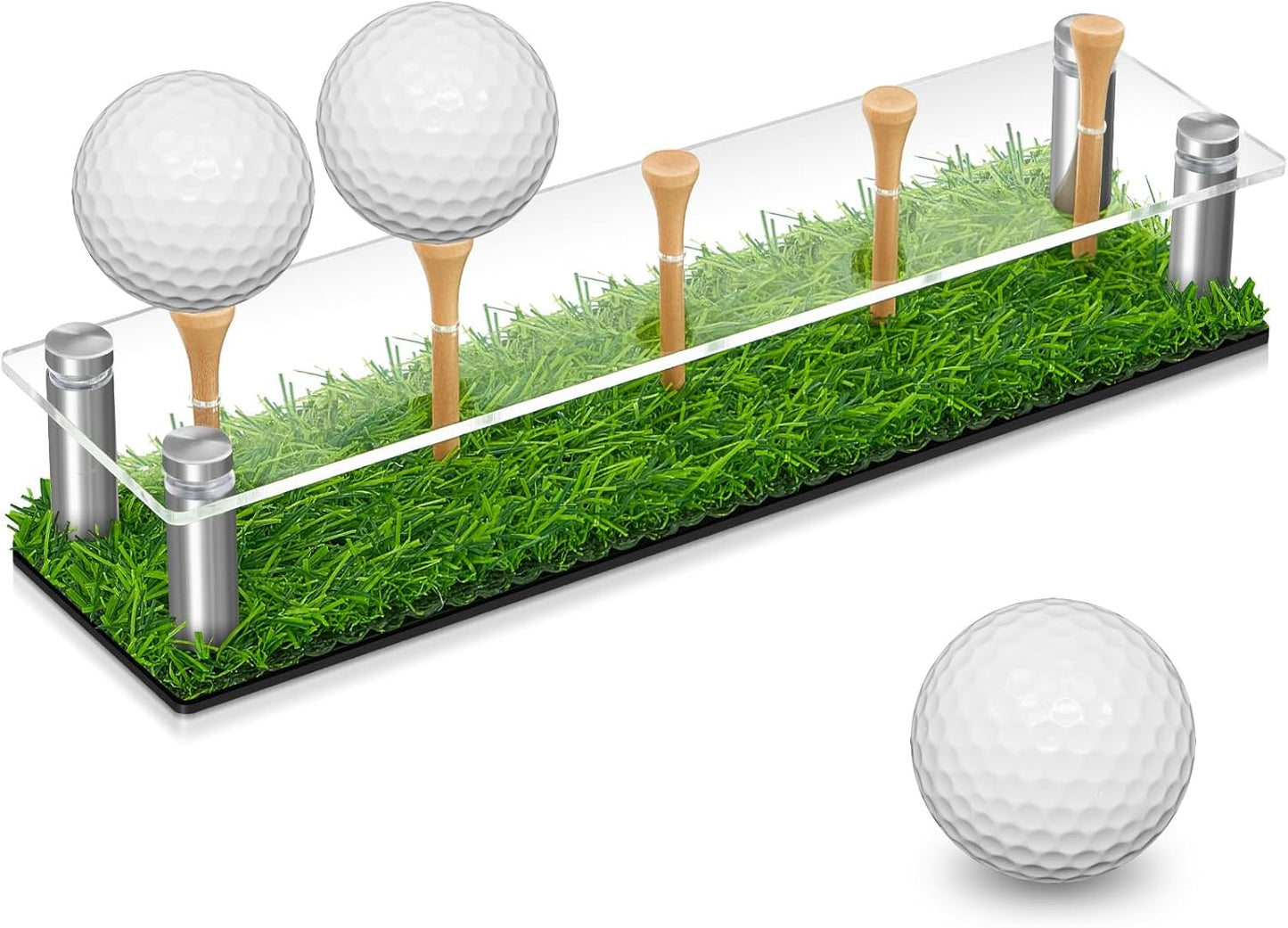Menkxi Acrylic Metal Golf Ball Holder Display Case with Black Base and Turf Golf Ball Stand Display Box for Golf Decoration(9.84 Inch)