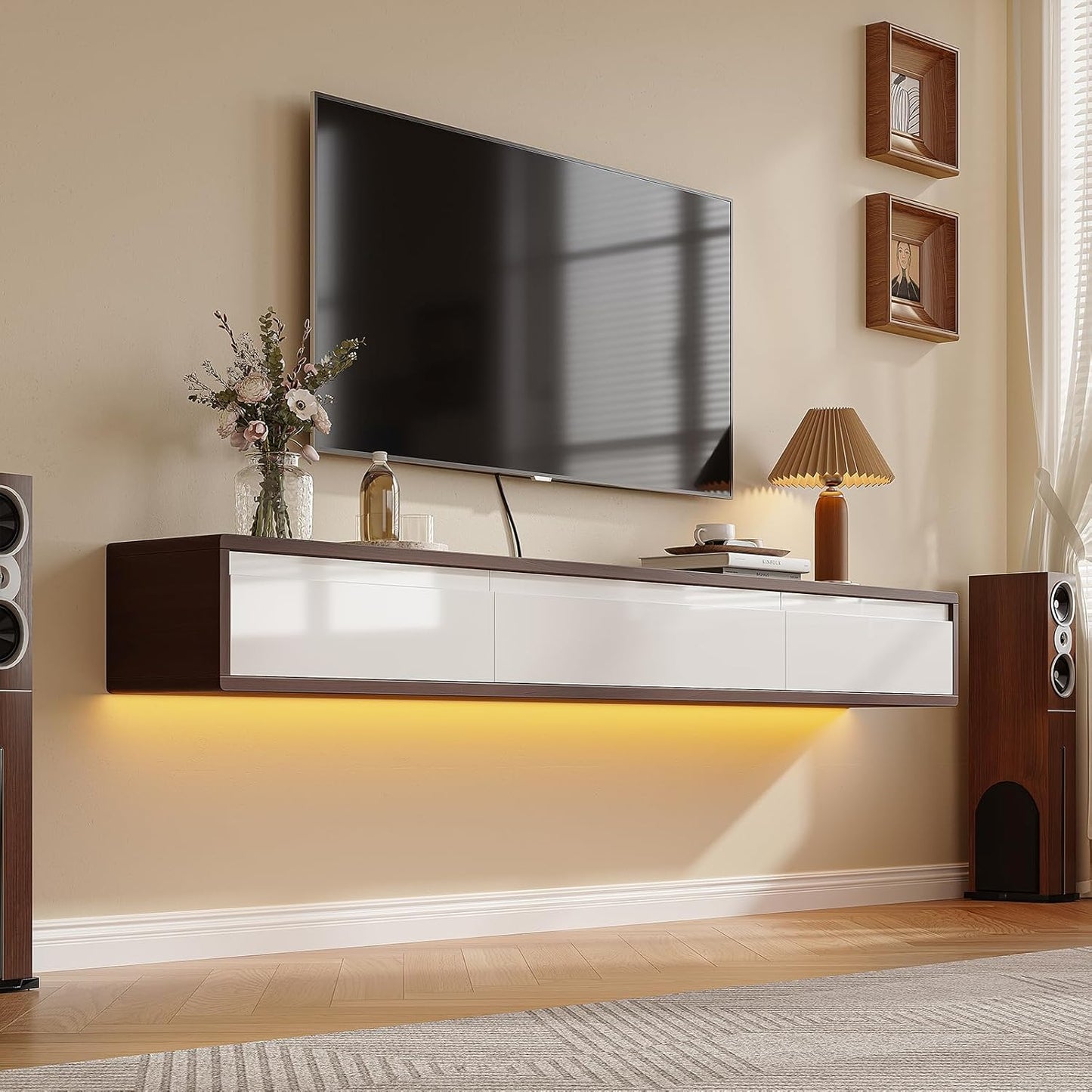 Floating TV Stand High Gloss,86'' Wall-Mounted TV Cabinet,Floating TV Console,Under TV Shelf with 3 Doors for Living Room Bedroom(Walnut+White)