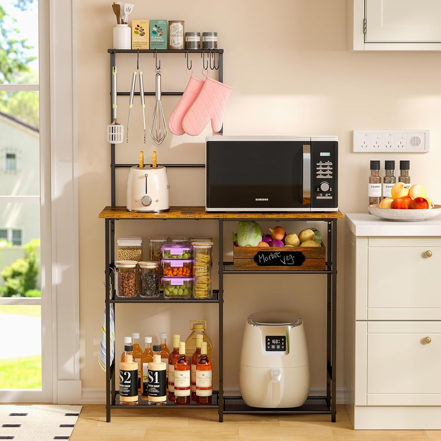 Baker's Rack for Kitchen with Storage, Microwave Stand with Adjustable Shelves and 10 S Hooks, 6-Tier Coffee Bar Station, Kitchen Shelves for Spices, Pots, Rustic Brown