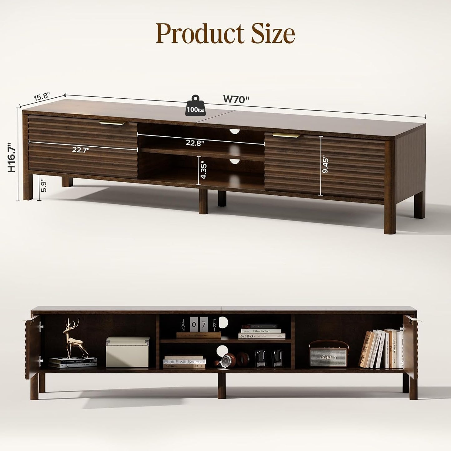 TV Stand for Living Room - up to 80 Inch TVs Mid Century Modern Entertainment Center with Storage and Adjustable Shelves, Media Console Table Walnut 70"