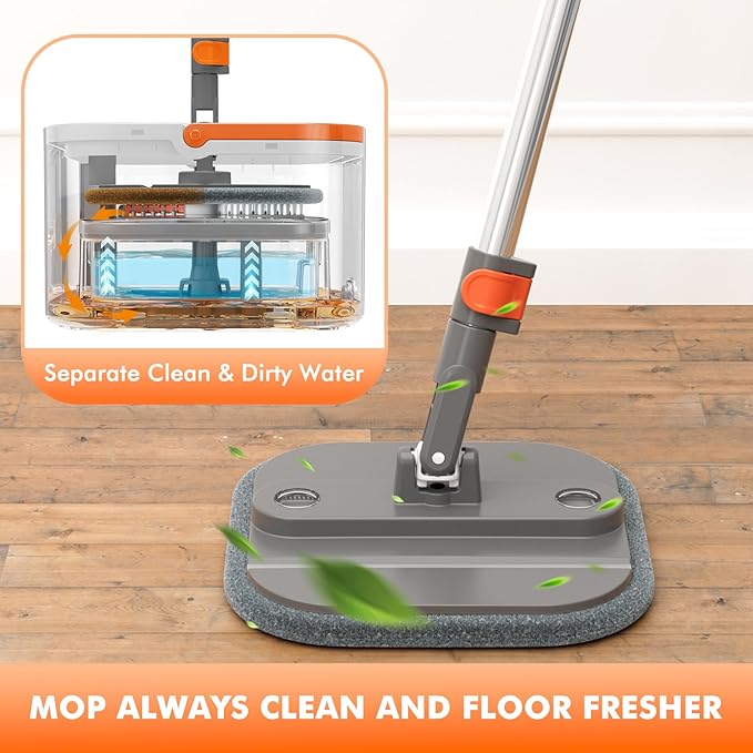 Upgraded Self-Standing Spin Mop and Bucket System, Detachable Inner Mop Bucket Separates Dirty Water & 90° Foldable Head, Triple-Scrub System, 0.9Gal Dual Drainage, for Hardwood Floors (Gray 6 Pads)