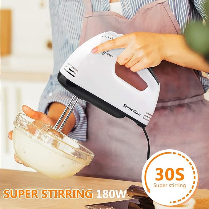 7-Speed Electric Hand Mixer with 5 Stainless Steel Accessories, Eject Button Handheld Whisk Food Beaters for Blending or Cooking, Dishwasher Safe, Off-white