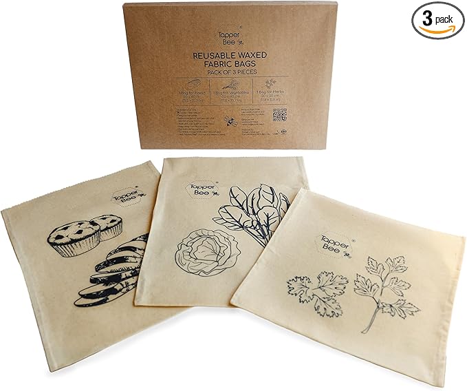 Reusable Beeswax Bags – Set of 3 Bread & Herb Storage Wraps – Waxed Cotton, Plastic-Free, Handmade in Chile by Tapper Bee