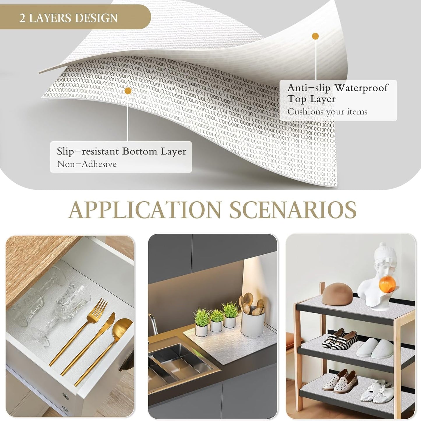 Beautysaid Shelf and Drawer Liner for Kitchen Cabinet, Non Adhesive Non Slip Shelf Paper Waterproof Washable Thickened for Dresser Pantry Shelve Bathroom Protector Liner(White,23.6 in x 20 FT)