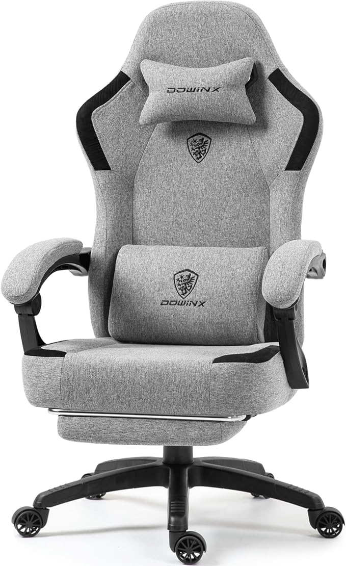 Dowinx Fabric Gaming Chair with Pocket Spring Cushion,Breathable Computer Chair with Massage Lumbar Support and Footrest,High Back Game Office Chair for Adult,Grey
