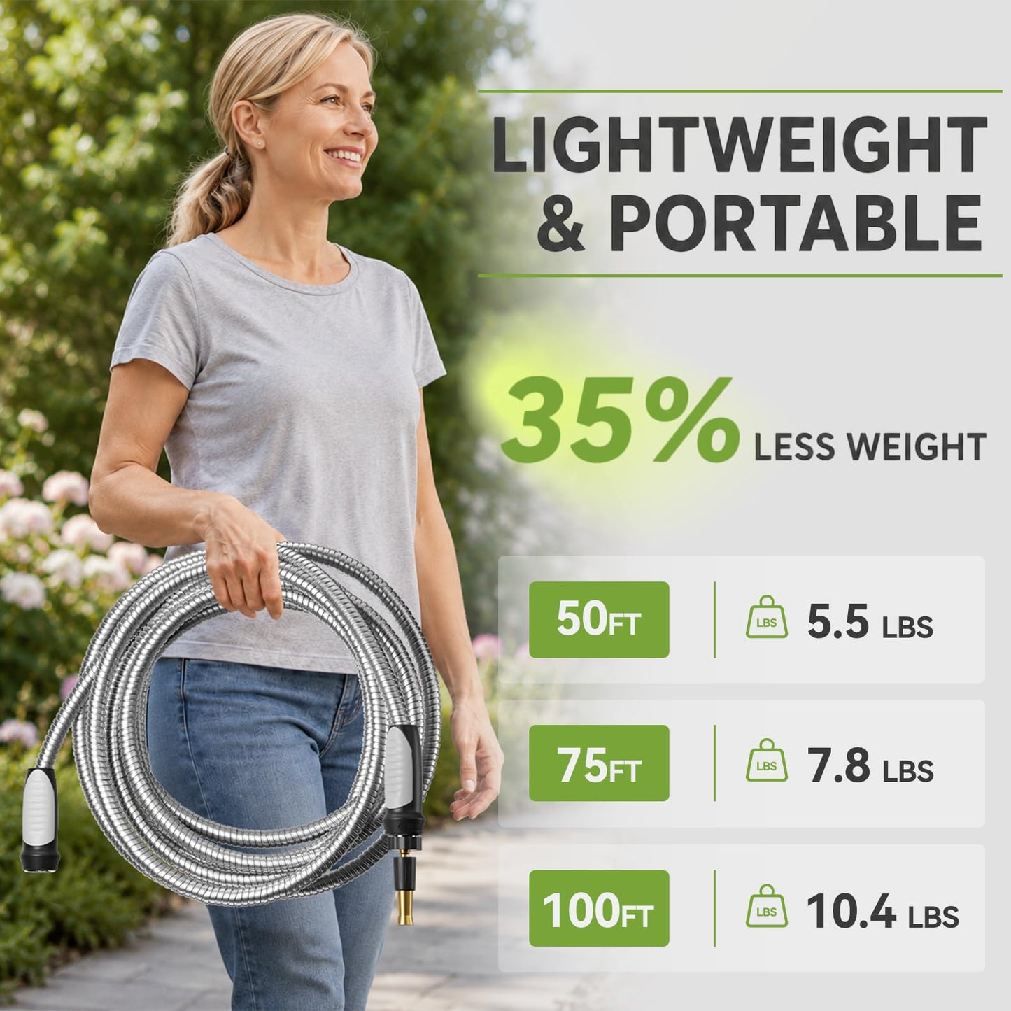 SPECILITE Expandable Garden Hose 75 FT, 304 Stainless Steel Heavy Duty Metal Water Pipe with Adjustable Nozzle - Flexible, Kink Free, Leak-Proof, Lightweight, for Outdoor, Yard, Lawn, Car Washing