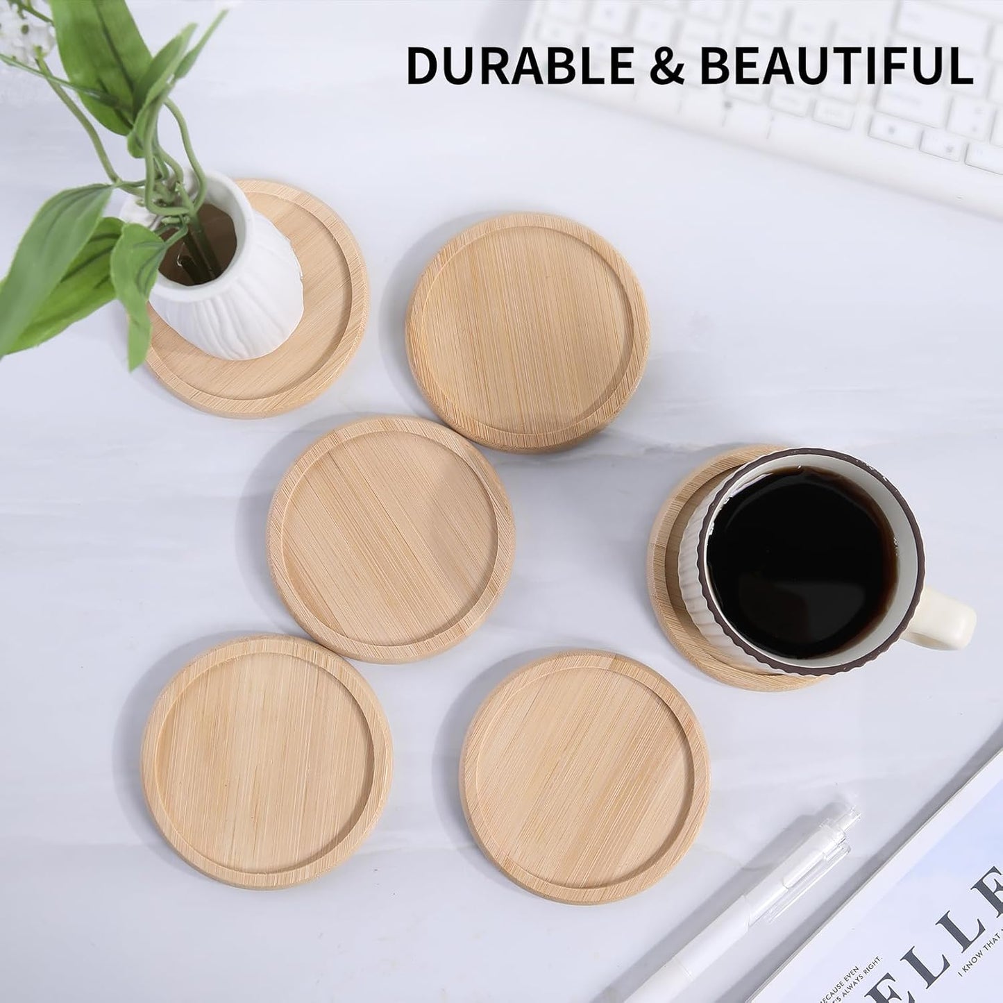 Bamboo 4 inch coaster [8 pcs] Coasters with Holder - Drinking Coasters - Cup Mat for Drinks - Live for Hot or Cold Drink - Non-slip and non-stick,Suitable for Kinds Cups and Living Room Decor