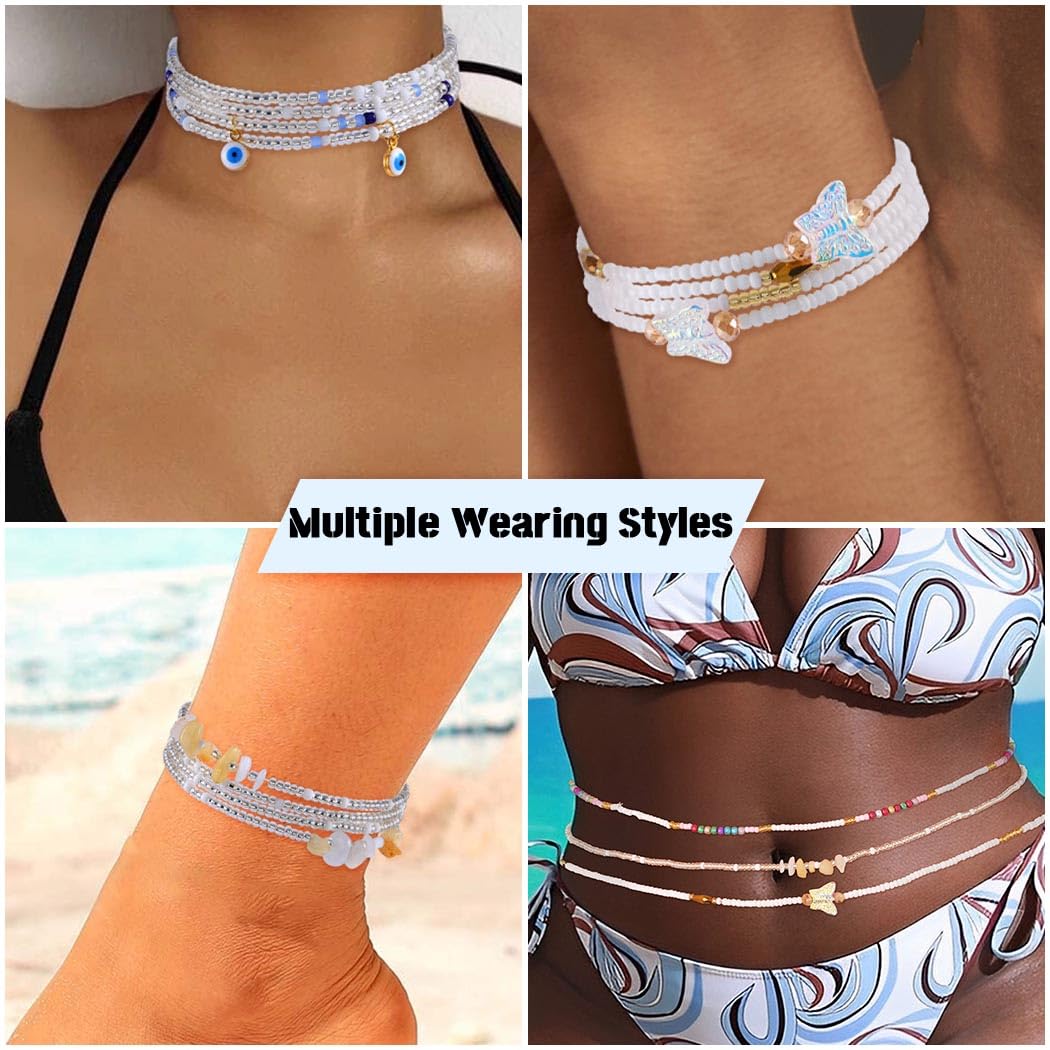 ELABEST 24-39inch African Waist Beads for Women 8Pcs Elastic Belly Beads Colorful Beaded Waist Jewelry Accessories Body Chain (White, 31.5inch/80cm)