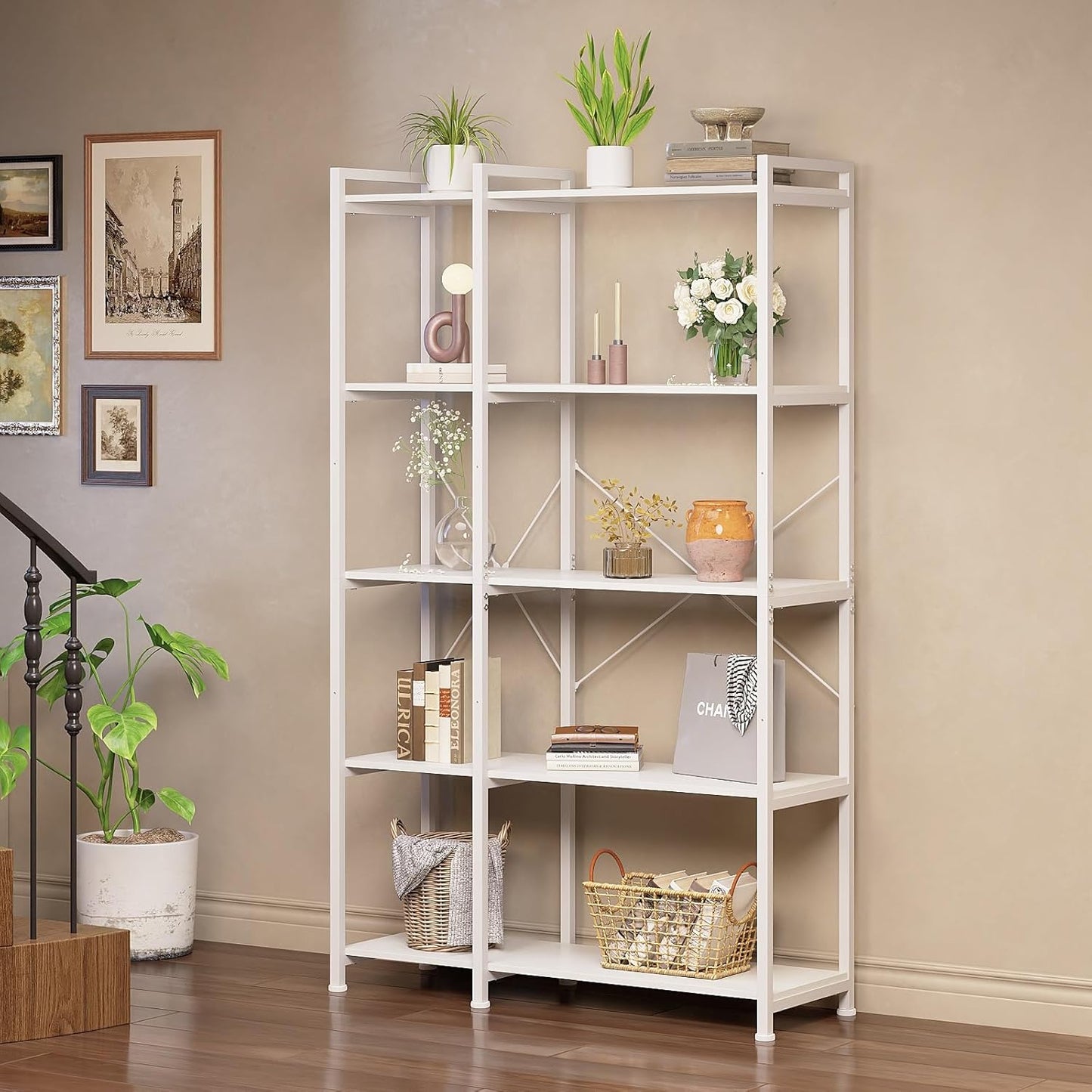 Tohomeor Bookshelf 5 Tier Deformable Corner Bookcase Free Standing Modern Industrial Book Storage Display Book Shelf for Bedroom Living Room Study Room Office (White)