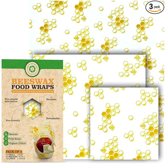 Pure & Sustainable Company® Beeswax Wraps – Pattern 3-Pack | Reusable Food Storage (8x8, 11x11, 14x14) – Eco-Friendly Plastic Wrap Alternative Beeswax Wraps for Food Storage (Honeycomb Print)