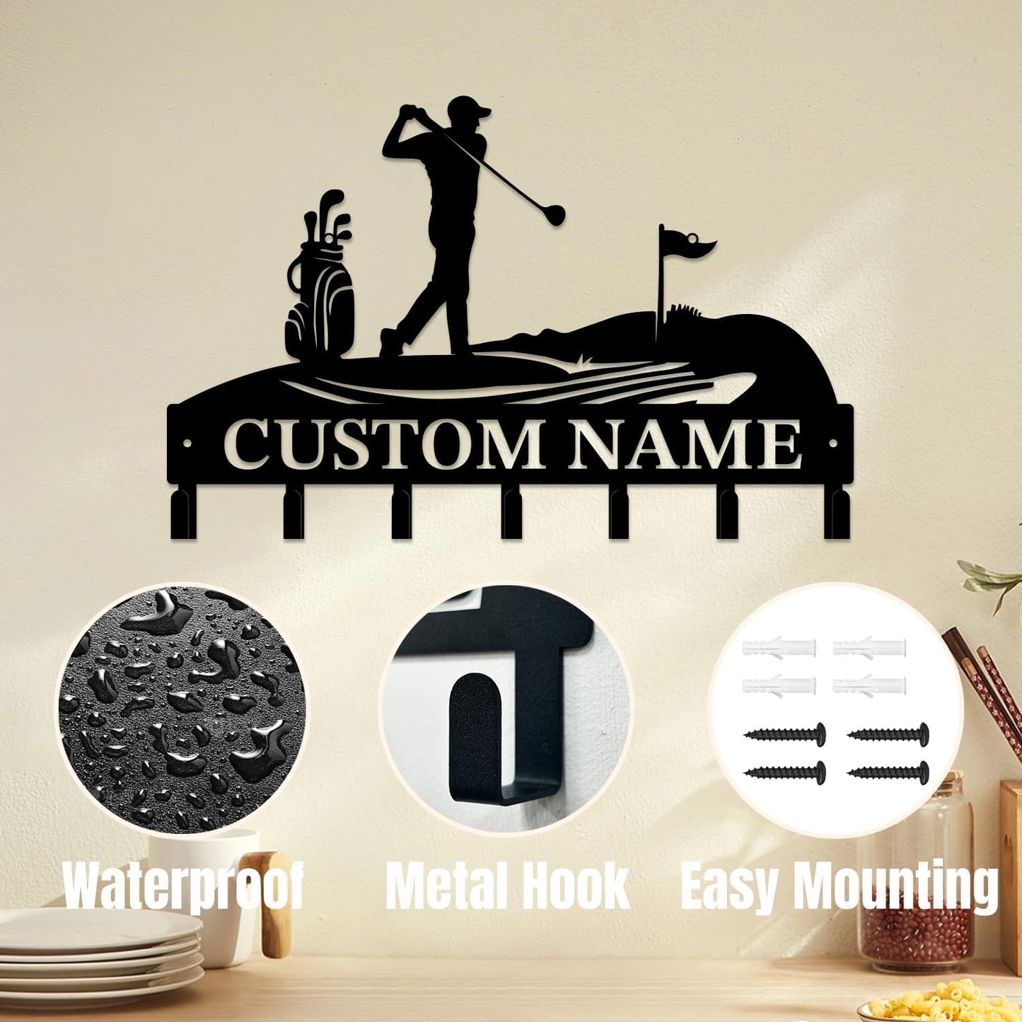 Personalized Custom Name Golf Ball Wall Keys Hooks,Metal Golf Art Clothes Hooks,Metal Golf Lover Wall Home Storage Decorative,For Front Door, Hallway, Kitchen, Bedroom,Keys,Hats (Style E)