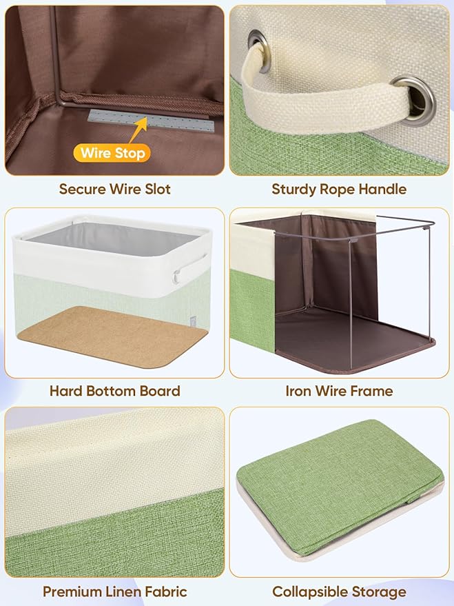 BALEINE 2 Pack Fabric Storage Bins for Shelves, Linen Storage Baskets for Organizing, Decorative Closet Bins for Clothes, Home (Green, 14''x10''x8.5'')