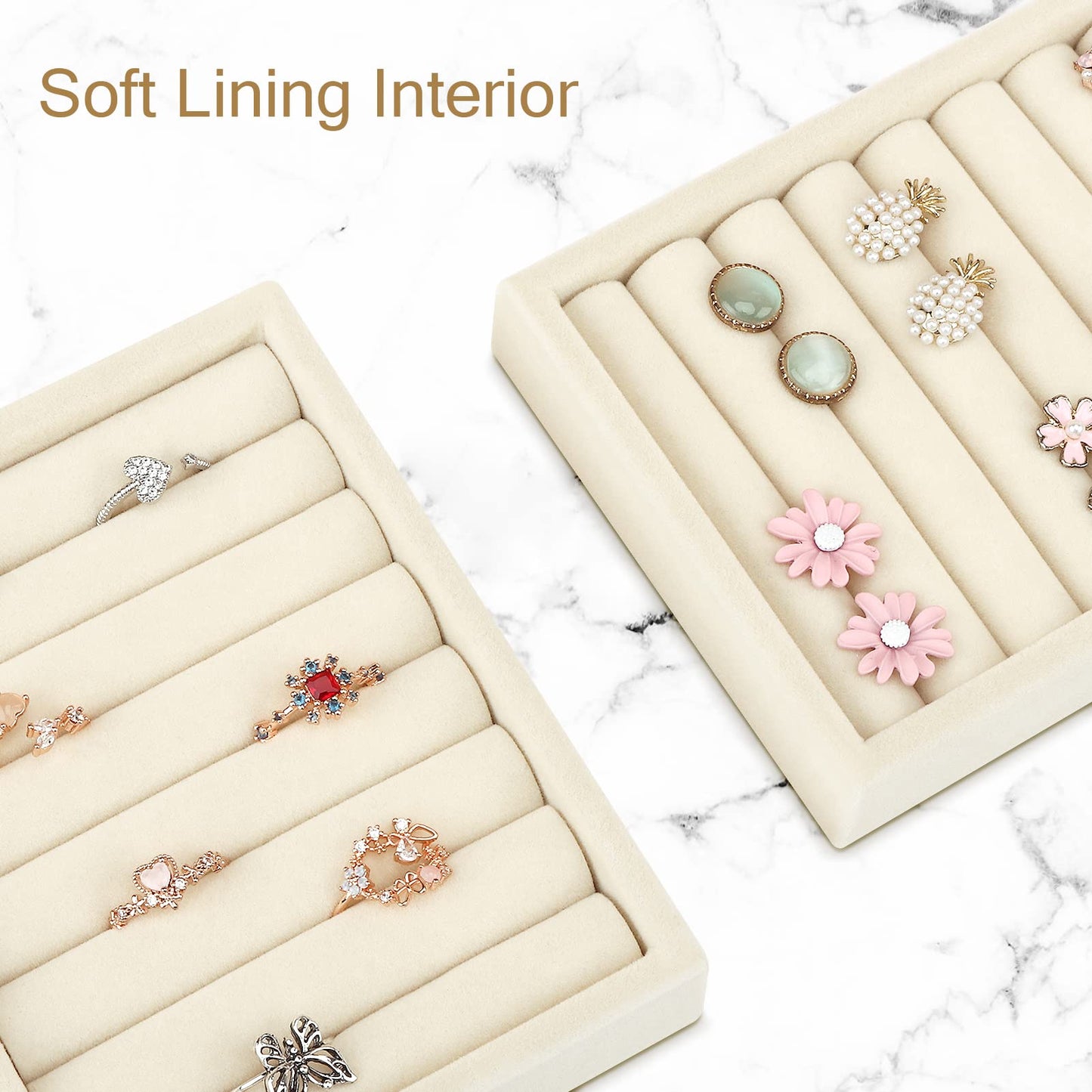 DesignSter Small Jewelry Tray-Ring Organizer 2PCS Premium Velvet Rings Earrings Display Tray Storage Insert Holder for Jewelry Box, Drawer, Dresser (8 Slots, Beige)