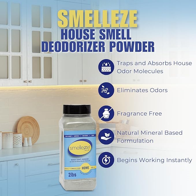 SMELLEZE Natural House Smell Deodorizer Powder - Natural Odor Eliminator for Home, Deodorizes Furniture, Drawers, Cabinets, Sofas, Mattresses, Carpets, Floors & more, 2 lb. Powder