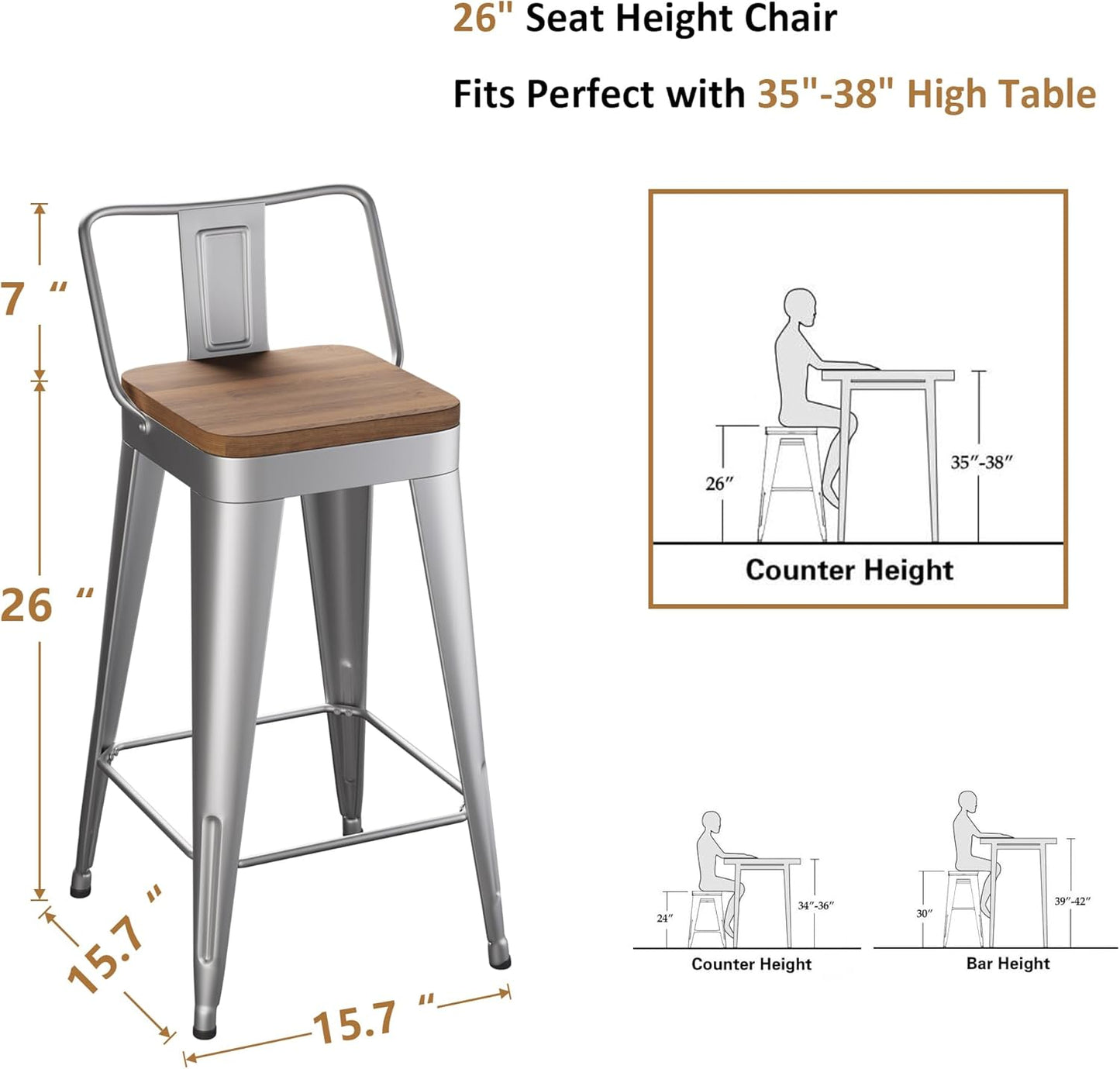WENTMENT Bar Stools Set of 4 Counter Height Stools with Removable Back 26" Kitchen Bar Stools with Wooden Seat, Silver