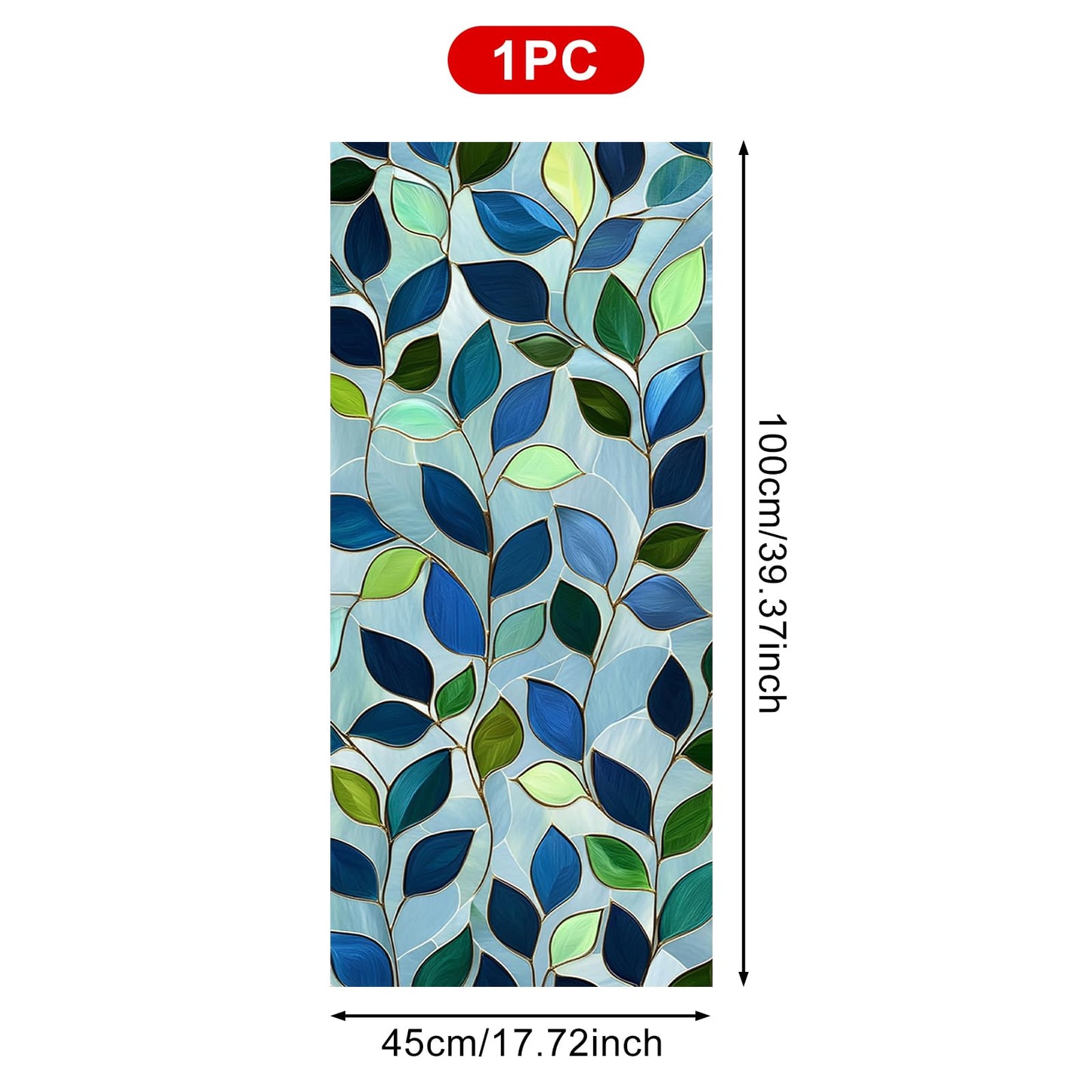 HOMETITUTE Green Leaf Window Privacy Film Blue Stained Glass Privacy Stained Glass Window Film Decorative Living Room Sun Blocking Decor Removable Static Cling Sticker 17.71x39.97inch