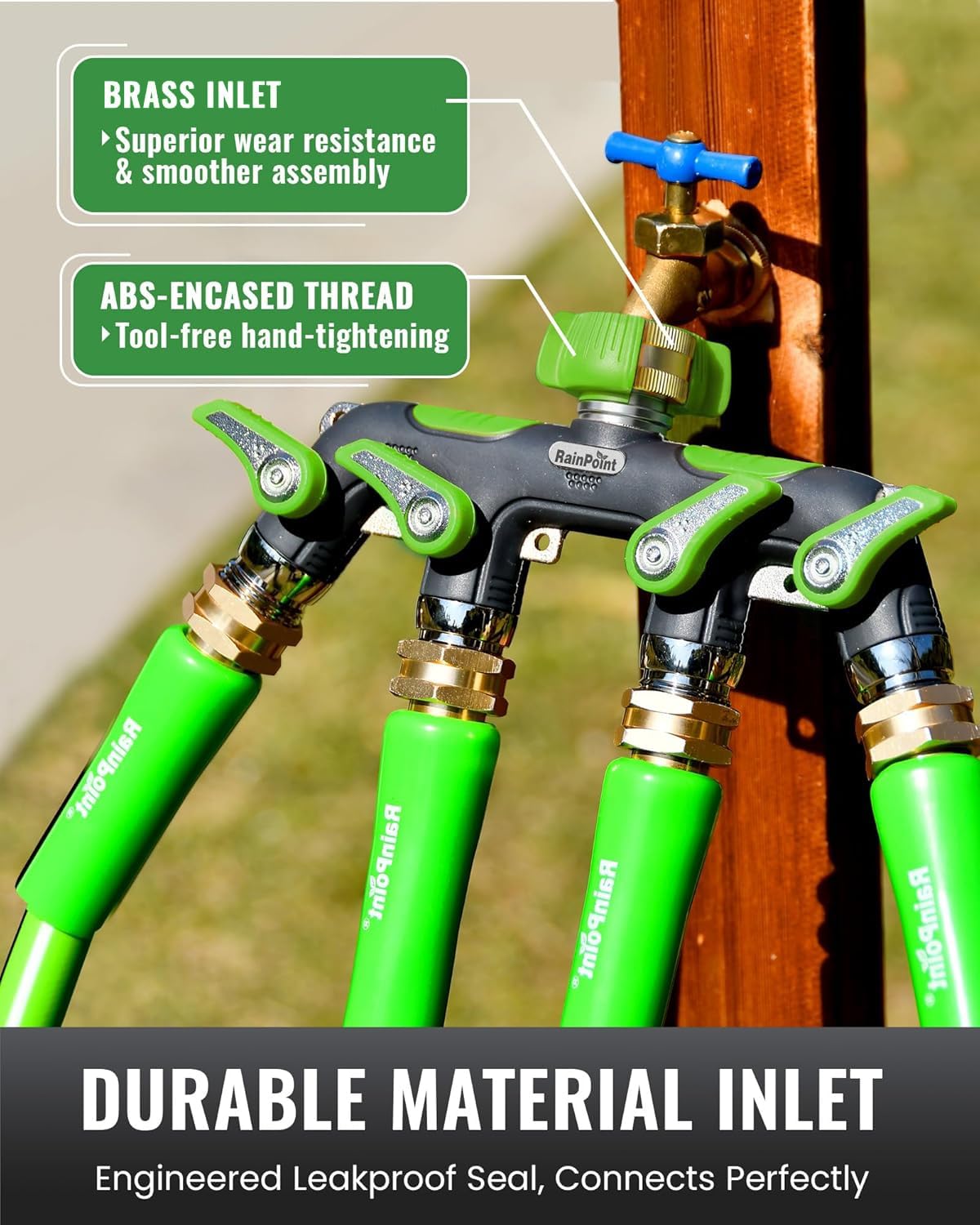 RAINPOINT 4 Way Garden Hose Splitter, 100% Metal Heavy Duty Water Hose Splitter with Individual Shut-Off Valves, 3/4" GHT High Flow Outdoor Faucet Splitter, 1.81" Extra Long Handle (Green)