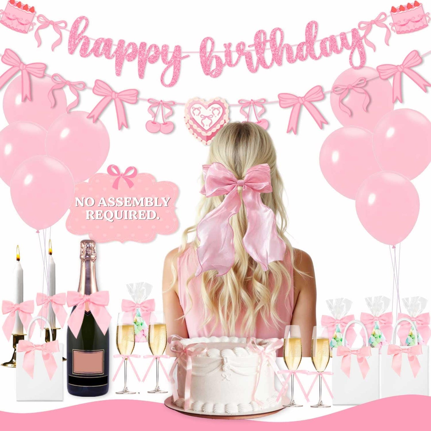 Pink Bow Decor Coquette Party Decorations, Pink Bow Cake Topper, Champagne Glasses, Candles, Balloons, Bow Birthday Party Decorations, Decoracion Moños Cumpleaños Happy Birthday Bow Themed Banner