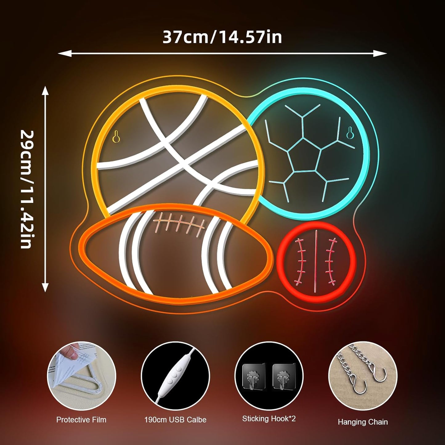 NOSUN 4 Ball Sport Combination Neon Sign for Boy's Bedroom Man Cave Football Soccer Basketball Baseball Neon Light Wall Decor Sports Themed LED Neon Signs Happy Era Home College Club Playroom Birthday Party Decor