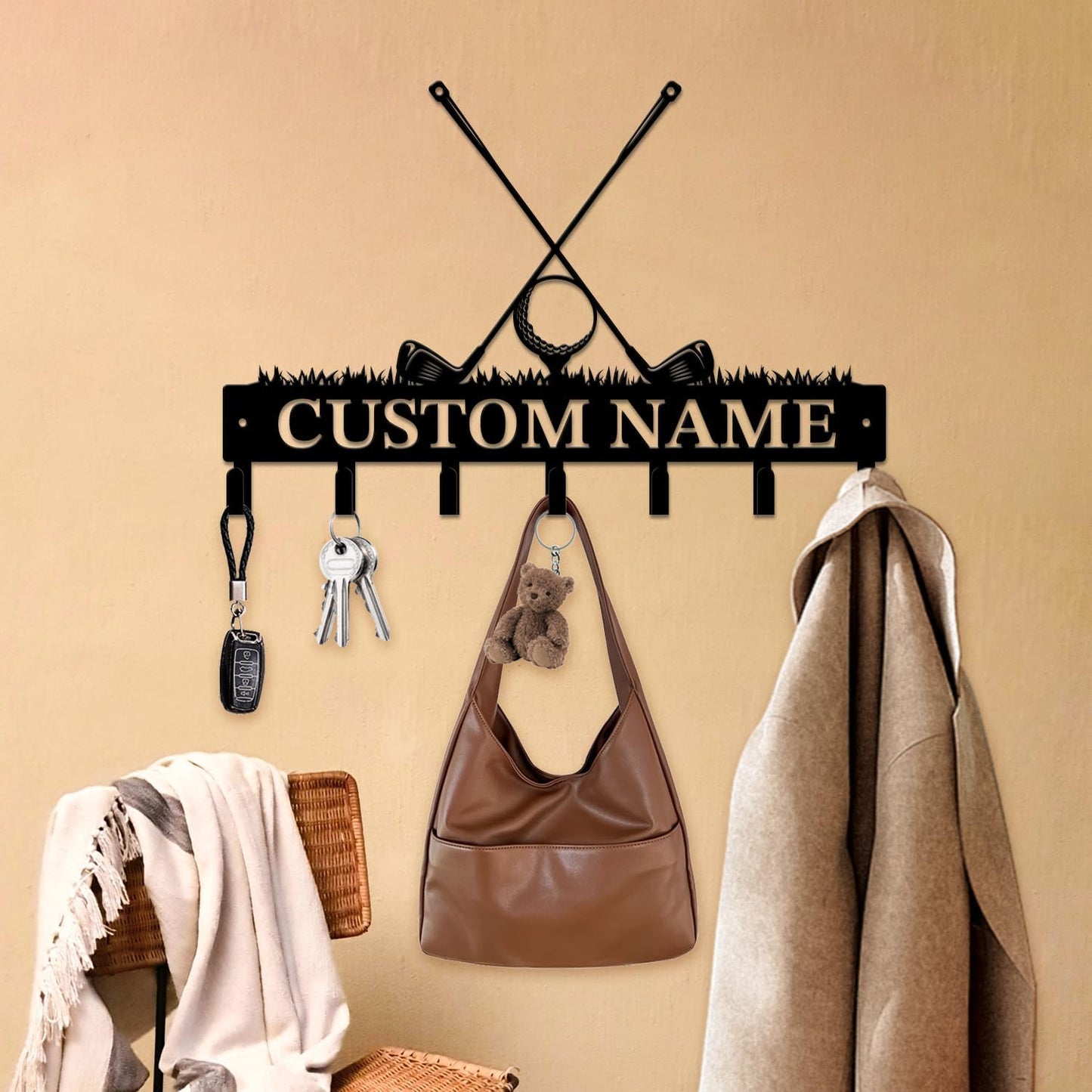 Personalized Custom Name Golf Ball Wall Keys Hooks,Metal Golf Art Clothes Hooks,Metal Golf Lover Wall Home Storage Decorative,For Front Door, Hallway, Kitchen, Bedroom,Keys,Hats (Style F)