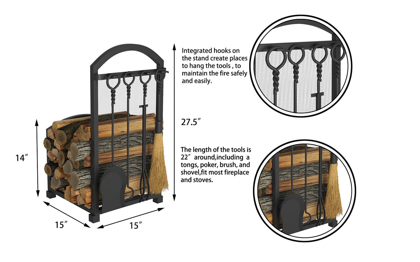Lizh Metalwork Fireplace Log Holder with Fireplace Tools, Wrought Iron Indoor Stove Accessories Firewood Rack Holder Lumber Storage Stacking Log Holder Log Bin with Tongs Shovel Poker and Brush