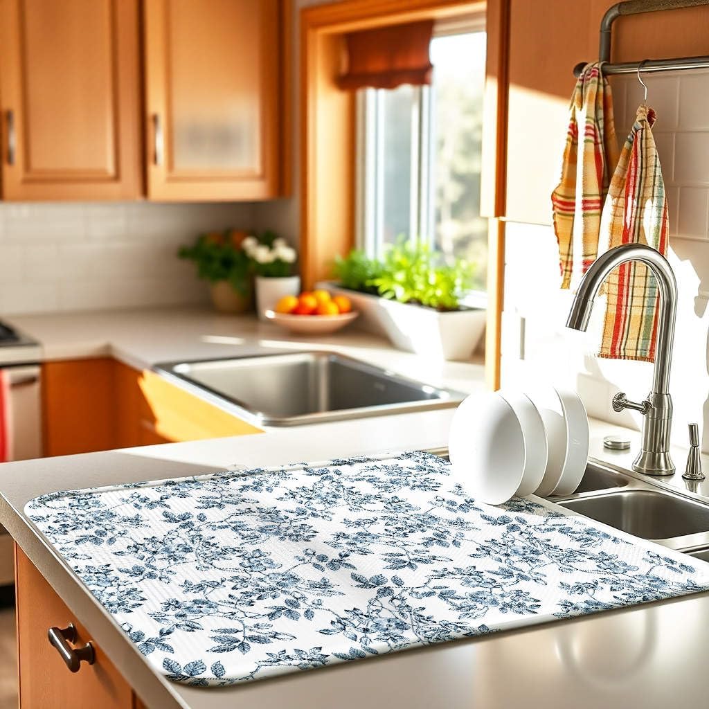 Floral Spring Large Dish Drying Mat for Kitchen Counter 18x24 Microfiber Absorbent - Foldable, Non-Slip, Compact Plant Leaves Kitchen XL Drying Mats for Dishes, Countertops, and Cookware