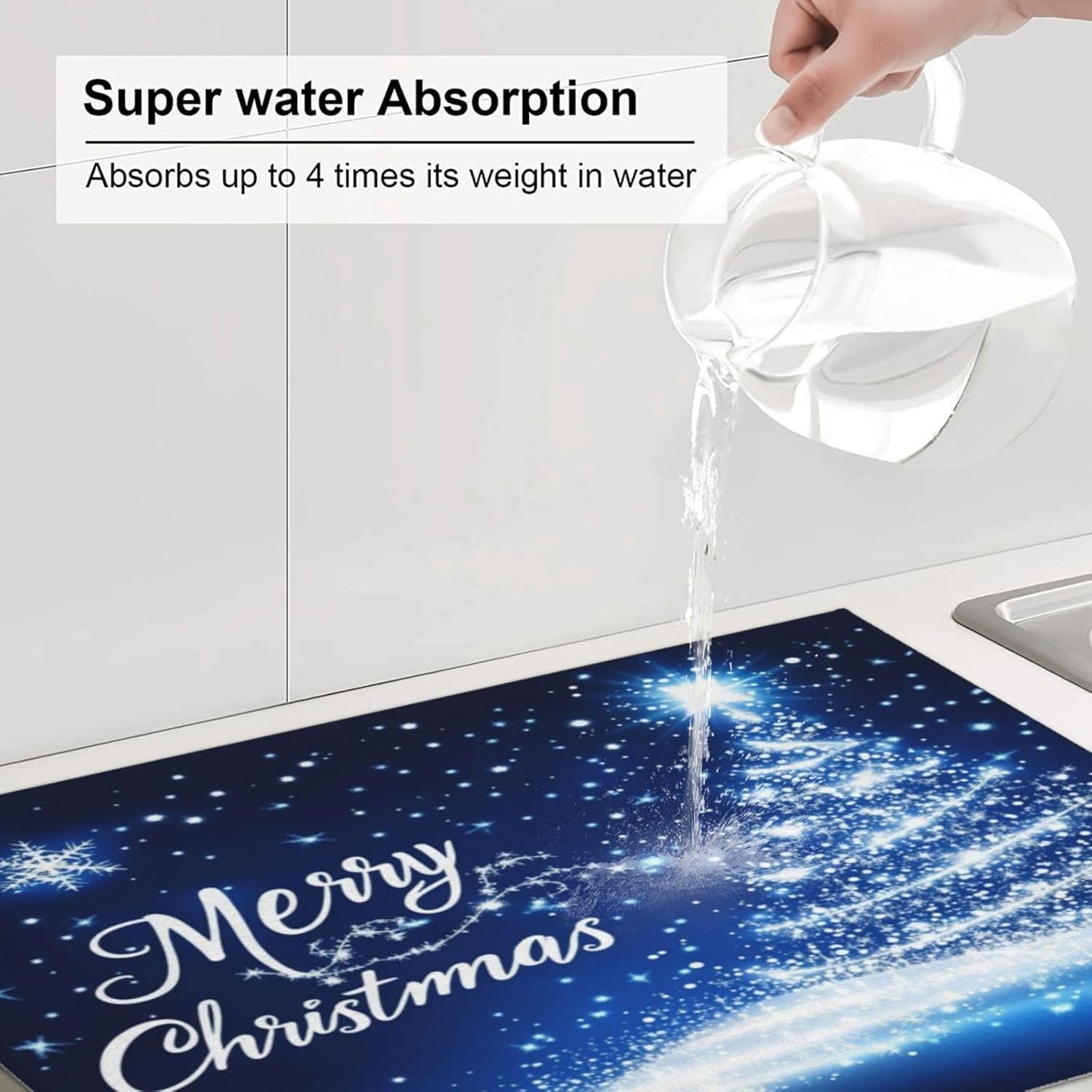 Dish Drying Mat for Kitchen Merry Christmas Blue Tree Counter Absorbent Dishes Drainer Microfiber Large 18x24 Inch