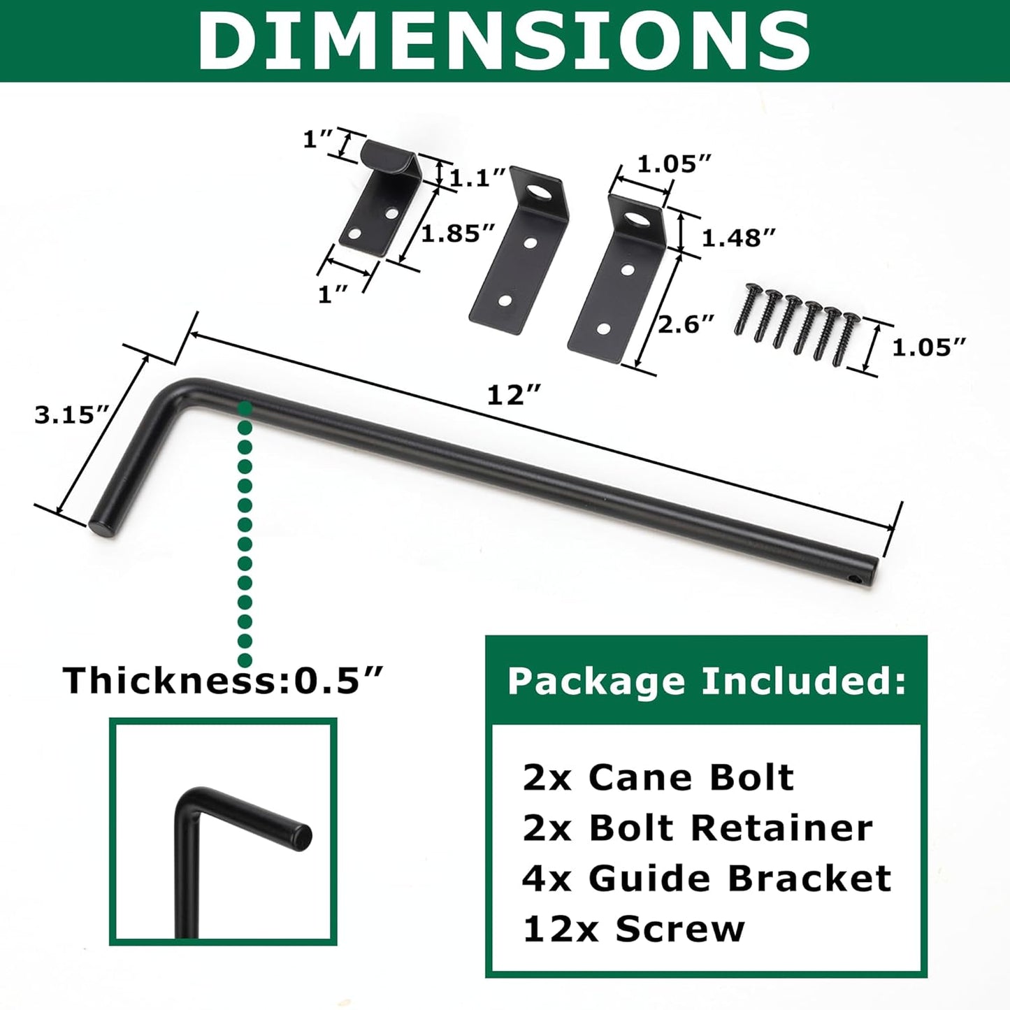12" Heavy Duty Cane Bolt Gate Drop Rod with Upgraded Design, Square Drop Rod Kit for Double Gate Wood PVC Vinyl Metal Yard Gate Latch-2 Pack
