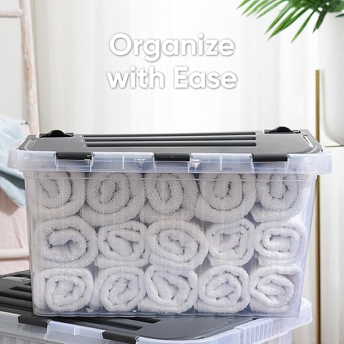 Superio Storage Box with Hinged Lids, Plastic Container Bins for Organizing with Attached Lid, Stackable Crates, BPA Free, Organizers for Home, 35 Quart (Clear with Grey Lids, 20.25"x14"x10.5")