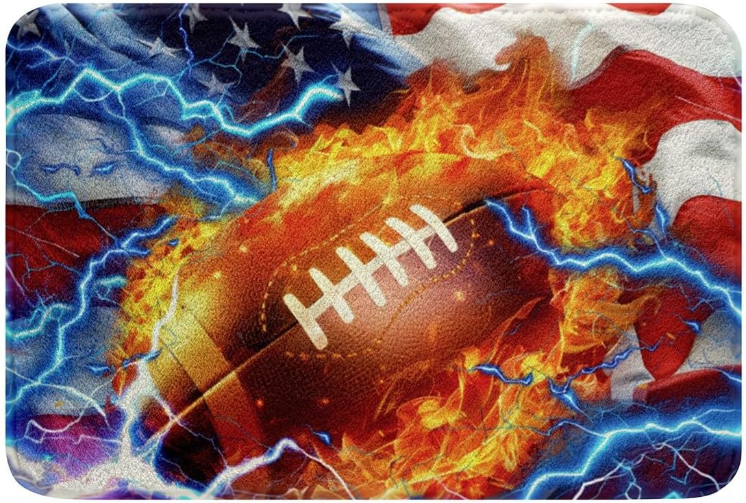 Feelyou 3D Football Polyester Bath Rug American Flag Soft Fleece Door Carpet for Kids Boys Girls Fire Ball Games Sports Non Slip Bath Mat Retro USA Flag Bathroom Floor Indoor Doormat,20x32 Inch