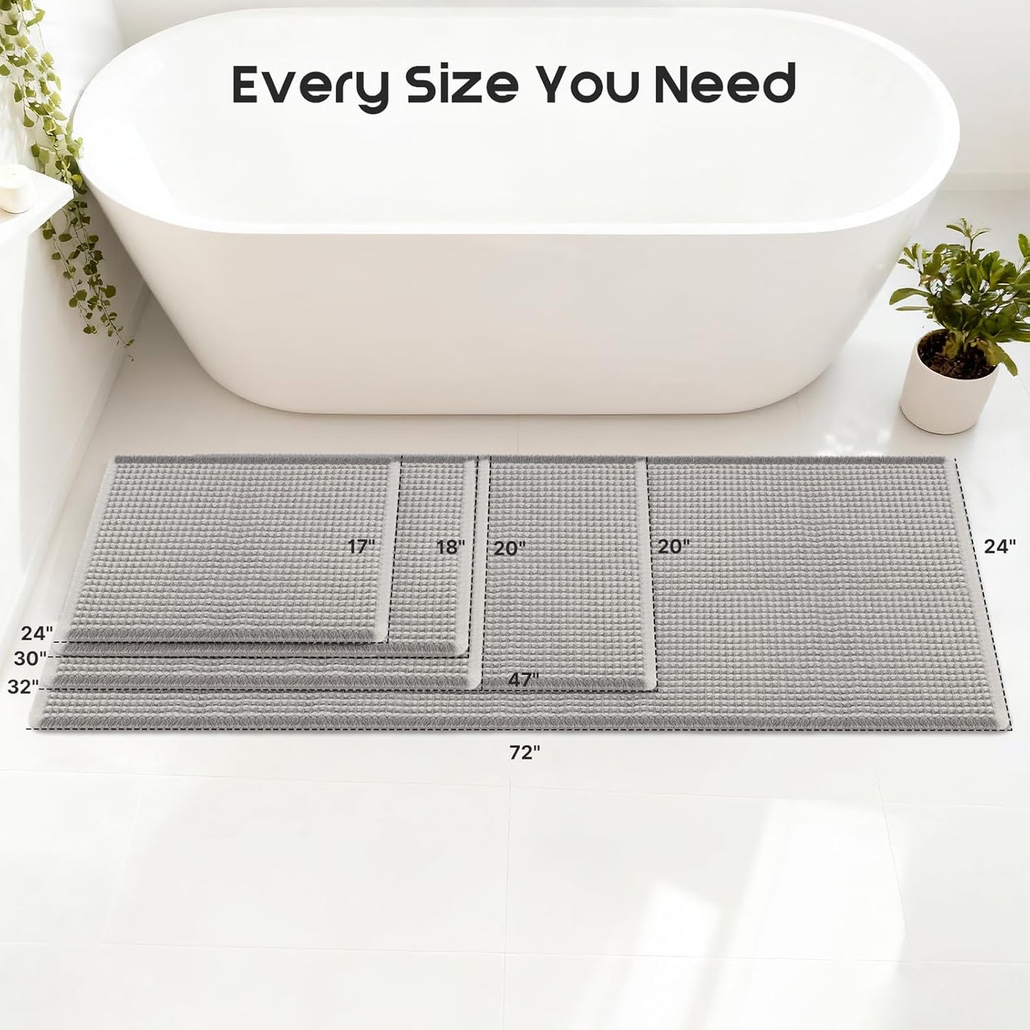 ArtyCozy Waffle Bath Mat, Super Absorbent Soft Non-Slip Boho Bath Rugs with Flat-Woven Hot Glue Backing for Bathroom, Machine Washable Bath Mats, 18" × 30", Grey & White