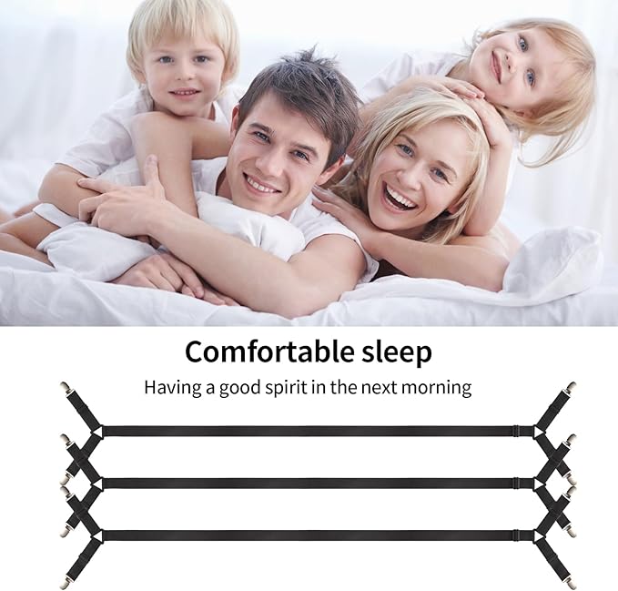 Bed Sheet Straps,3 PCS Secure and Sheet Holder Straps for Full Size Beds,Adjustable Crisscross Fitted Sheet Clips,Black