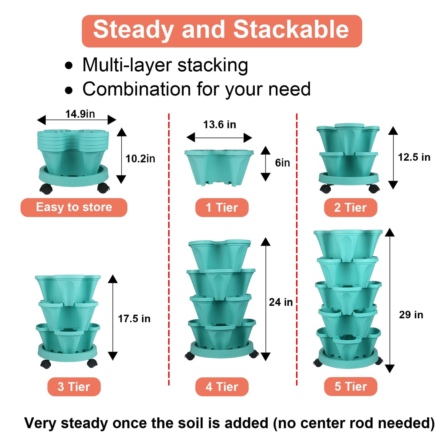 GameXcel Vertical Planter Tower - 5 Tier Stackable Garden Planters with Wheels and Tools Plant Pots for Strawberry Herb Flower and Vegetable Indoor Outdoor Use Teal