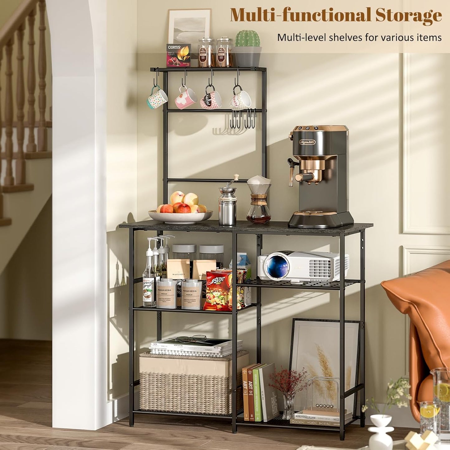 Baker's Rack for Kitchen with Storage, Microwave Stand with Adjustable Shelves, Kitchen Stand with 10 S Hooks, 6-Tier Coffee Bar Station, Kitchen Shelves for Spices, Pots, Gray