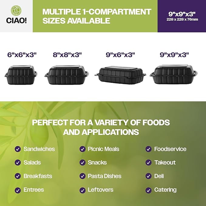 CIAO! 9"x9"x3" MFPP Black Hinged Container With Lid 1 Compartment (Case of 150)